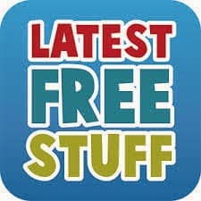 A rounded blue square features the words "LATEST FREE STUFF" in bold, uppercase letters. "LATEST" is red, "FREE" is teal, and "STUFF" is olive green. The text is centred and stacked, with a white outline around each word.