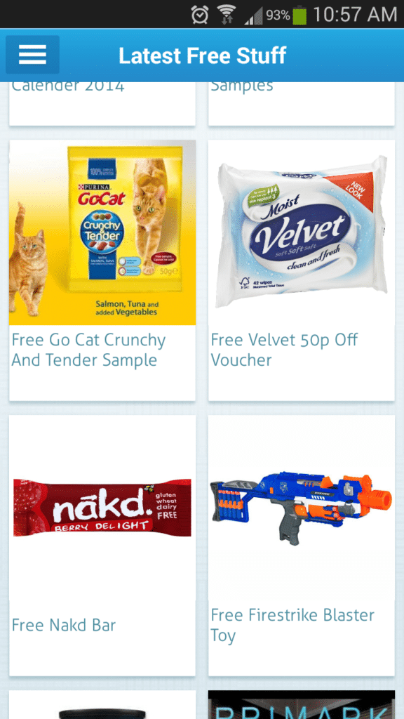 A smartphone screen displays a webpage titled "Latest Free Stuff" showing offers: Go-Cat Crunchy and Tender cat food sample, Velvet 50p off voucher, Nakd Berry Delight bar, and a Firestrike Blaster toy. Time shown is 10:57 am, battery at 93%.