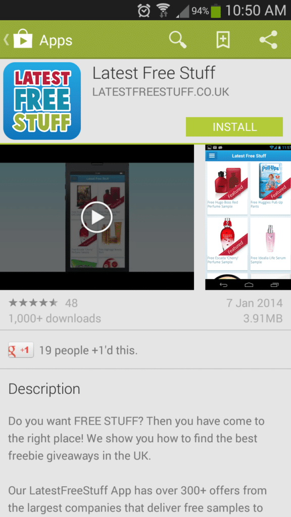 Screenshot of the Google Play Store page for the "Latest Free Stuff" app. It shows the app’s icon, install button, ratings, number of downloads, file size, date, a promo video, screenshots, and a description about finding free product offers.