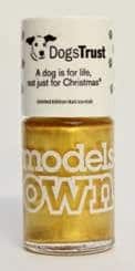 A bottle of gold Models Own nail varnish with a white cap featuring the Dogs Trust logo, a dog's face, and the text: "A dog is for life, not just for Christmas." The product is a limited edition charity collaboration.