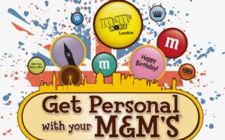 Colourful graphic with paint splatters, London skyline silhouette, and various M&M’s sweets featuring custom messages like “Happy Birthday!” and “Will You Marry Me?”. Text in front reads: “Get Personal with your M&M’S”.