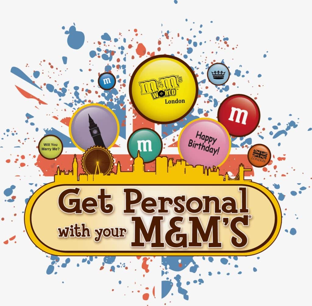 Colourful M&M’s with custom messages float above a splattered paint background and a yellow London skyline. The main text reads, “Get Personal with your M&M’S.” Some sweets say “Happy Birthday!” and “Will You Marry Me?”.