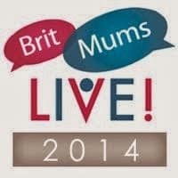 The image shows the BritMums Live 2014 logo. Two overlapping speech bubbles say "Brit" (red bubble) and "Mums" (blue bubble) above the word "LIVE!" in bold. Below, a brown rectangle displays "2014" in white digits.