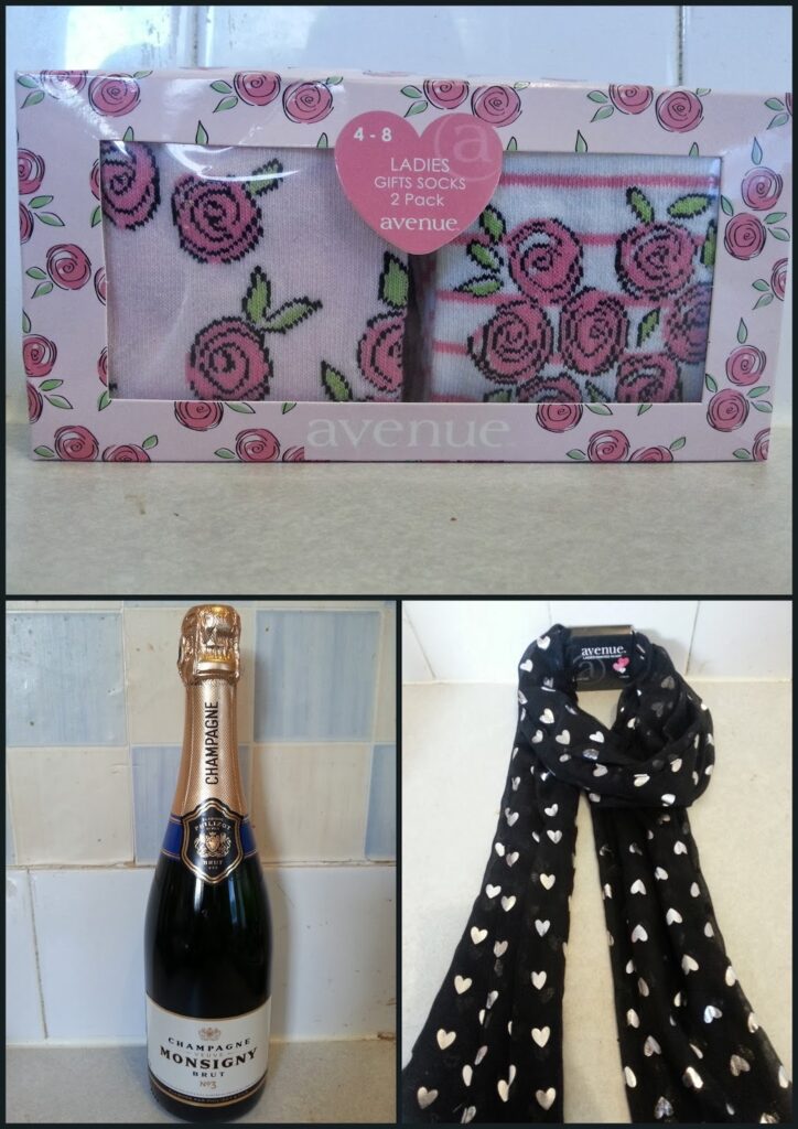 A collage with three images: top, pink box with floral-patterned ladies’ socks; bottom left, a bottle of Monsigny champagne; bottom right, a black scarf with white heart patterns draped on a surface.