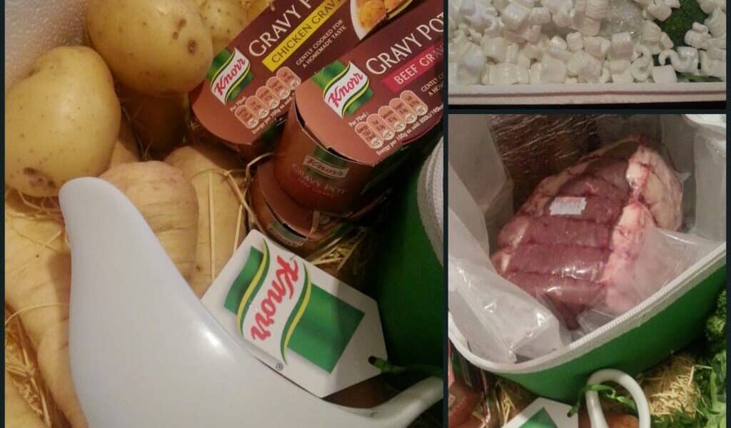 A collage shows potatoes, parsnips, and Knorr gravy pots in a straw-filled box, a white gravy boat, a vacuum-packed beef joint, and a container of diced white onion, with Knorr branding visible throughout the food items.