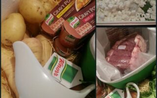 A collage shows potatoes, parsnips, and Knorr gravy pots in a straw-filled box, a white gravy boat, a vacuum-packed beef joint, and a container of diced white onion, with Knorr branding visible throughout the food items.