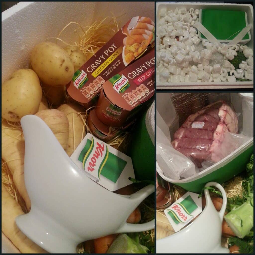 A collage shows (left) potatoes, parsnips, Knorr gravy pots, a gravy boat, and a Knorr tag in a box with straw; (top right) packing peanuts and a green pack in a box; (bottom right) a wrapped beef joint and vegetables in a cool bag with a Knorr tag.