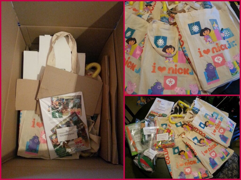 Collage of three images showing canvas tote bags with cartoon characters (including Dora the Explorer and Peppa Pig). The bags are arranged inside a cardboard box with some small toys and items, and individually displayed with colourful packaging.