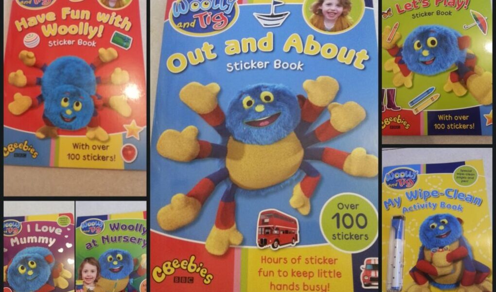 A collage of five colourful children’s books featuring Woolly, a blue, fluffy spider with yellow legs. Each cover has playful fonts, bright backgrounds, and a CBeebies logo. Some books advertise over 100 stickers or activities with Woolly and Tig.