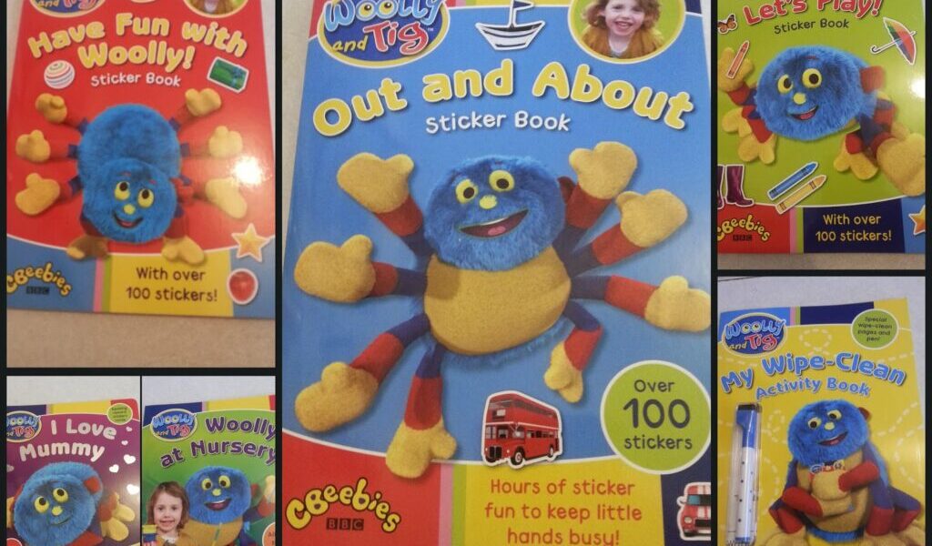 A collage of five colourful children’s books featuring Woolly, a blue, fluffy spider with yellow legs. Each cover has playful fonts, bright backgrounds, and a CBeebies logo. Some books advertise over 100 stickers or activities with Woolly and Tig.