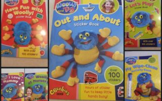A collage of five colourful children’s books featuring Woolly, a blue, fluffy spider with yellow legs. Each cover has playful fonts, bright backgrounds, and a CBeebies logo. Some books advertise over 100 stickers or activities with Woolly and Tig.