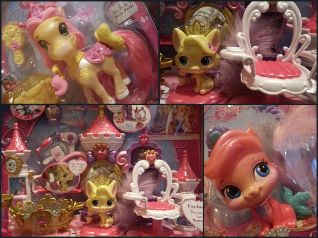 Collage of pink and yellow toy ponies and a kitten, with palace-themed accessories including a pink and white chair, a golden crown, and a royal backdrop. The toys are detailed, with brushable manes and playful, fantasy-inspired designs.
