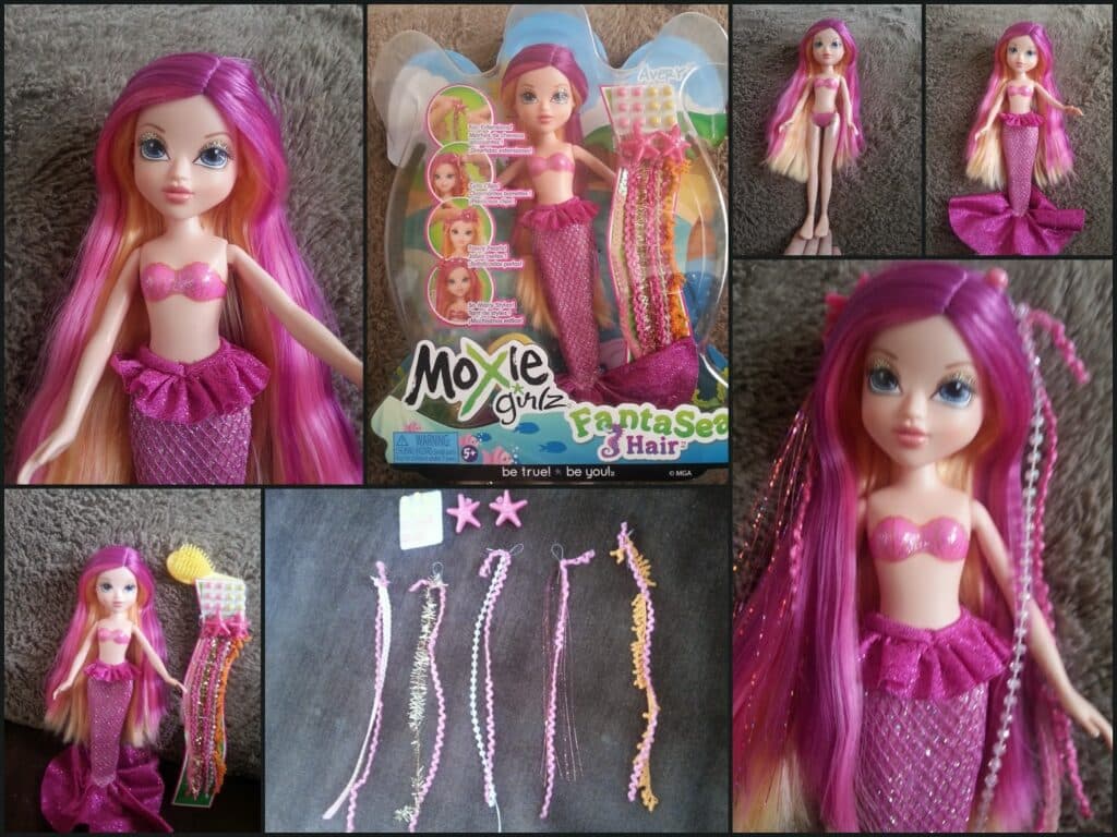A collage shows a Moxie Girlz mermaid doll with pink and orange hair, wearing a pink mermaid outfit. The packaging, hair accessories, and various close-ups highlight her braided hair and included colourful hair extensions and starfish clips.