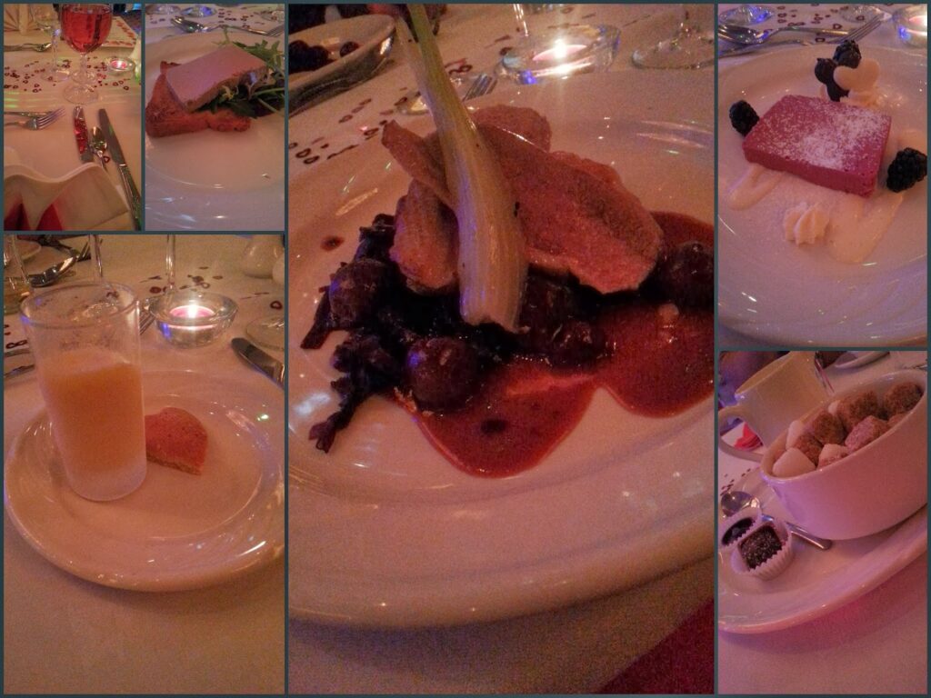 A collage shows elegant dinner plates: duck breast with sauce and vegetables, a pink dessert with cream and berries, a glass of orange drink with a small biscuit, bread rolls in a bowl with butter, and a starter with salad and toast. The setting is candlelit.