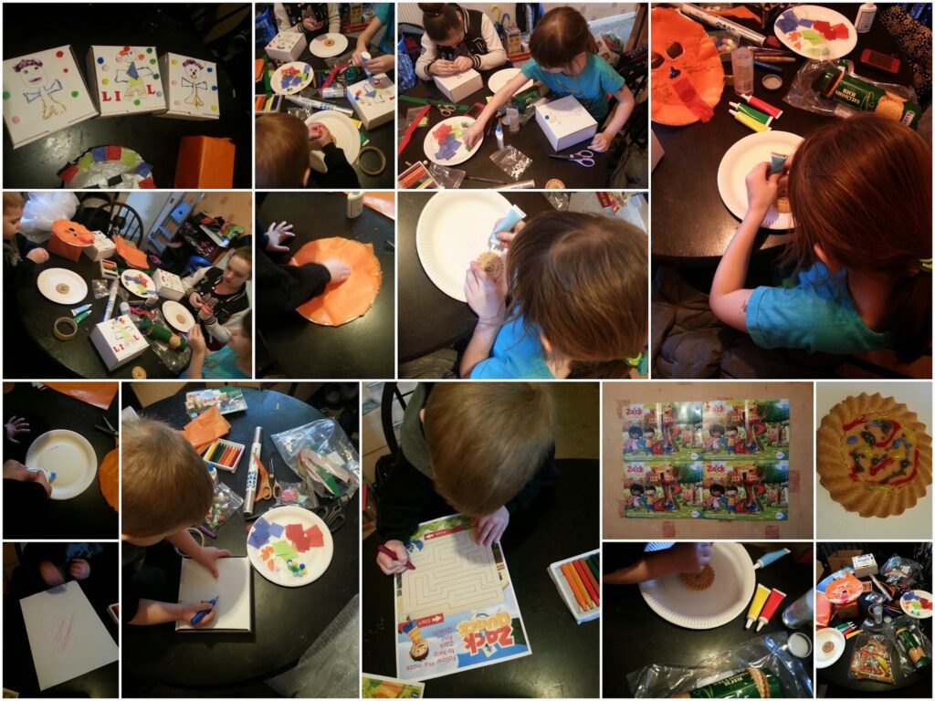 A collage of children doing arts and crafts at a table. They cut, colour, draw, solve mazes, and glue paper on plates. Supplies like crayons, glue sticks, scissors, and coloured paper are scattered around. Finished crafts and activity sheets are visible.