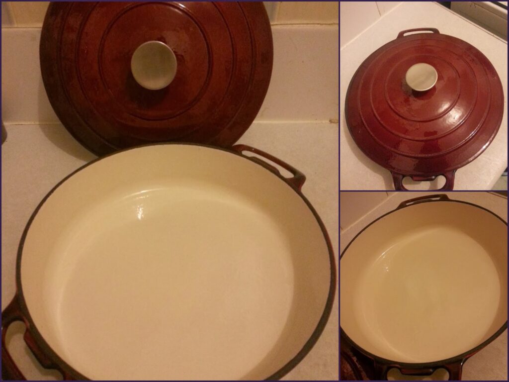 A collage shows a round, red Dutch oven with a cream-coloured interior. The left image displays the pot open with the lid beside it. The upper right shows the closed pot from above, and the lower right shows the empty pot from above.