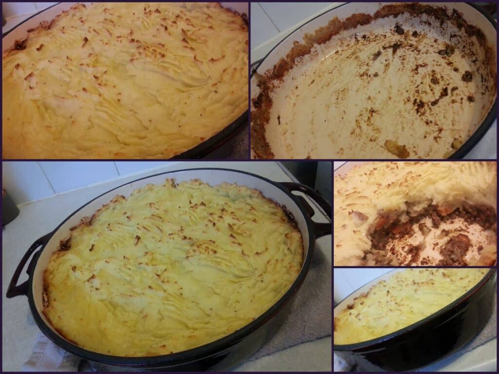 A collage shows a large casserole dish filled with golden-baked shepherd’s pie. The pie has textured mashed potato topping, some portions scooped out, revealing the meaty filling underneath. One photo shows the mostly empty dish with browned edges.