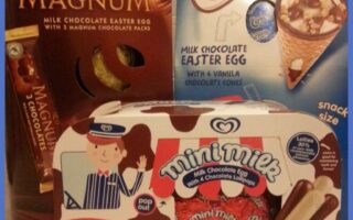 Three boxes of Wall’s ice cream treats: a Magnum set with a chocolate Easter egg and Magnum packs, a Cornetto set with a milk chocolate Easter egg and vanilla Cornetto cones, and a Mini Milk set with chocolate lollies. All boxes feature colourful branding.