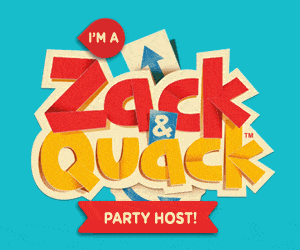Colourful graphic logo for the children’s show "Zack & Quack." Text reads “I’m a Zack & Quack PARTY HOST!” on a bright teal background. Bold red, orange, and yellow letters are layered and playful, with a red banner at the bottom.