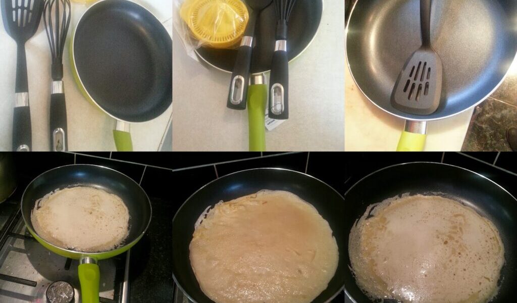 A collage shows a green-handled frying pan, a whisk, a spatula, and a lemon juicer on a worktop. Next, the frying pan and utensils. Below, the frying pan on a hob with batter, then cooking, then a golden-brown crêpe as it cooks.