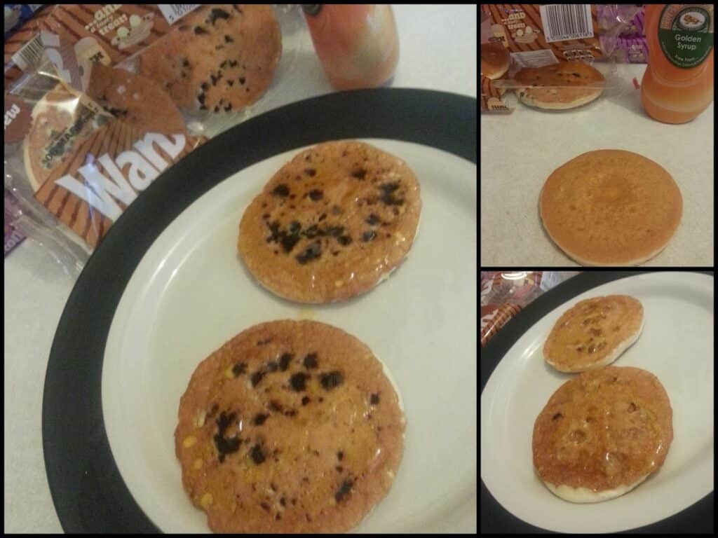 A plate with two chocolate chip pancakes drizzled with syrup is shown. Surrounding images show a plain pancake, the syrup bottle, packaged pancakes, and another angle of the syrup-covered pancakes on the plate.