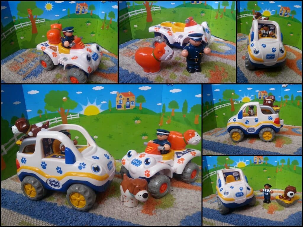 A collage of toy scenes with a white police jeep, a police officer figure, a dog and a fox, on a colourful playmat backdrop showing a house, trees, fencing, and a bright sun. Each panel shows different angles and interactions between the toys.