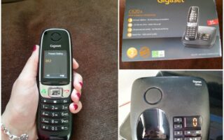 A collage shows a hand holding a Gigaset cordless phone, its display reading “Prepare Dialling 012”; the Gigaset C620A box displaying the phone and charging base; and a close-up of the black answering machine base with buttons and speaker grille.