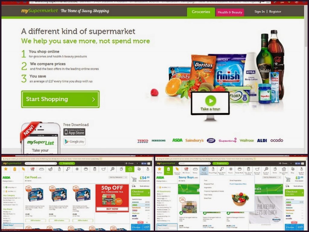 Screenshot of the mySupermarket website showing a green “Start Shopping” button, grocery images (fruit, snacks, drinks), and supermarket logos. Lower part displays online grocery shopping interfaces with products, prices, and offers from various supermarkets.