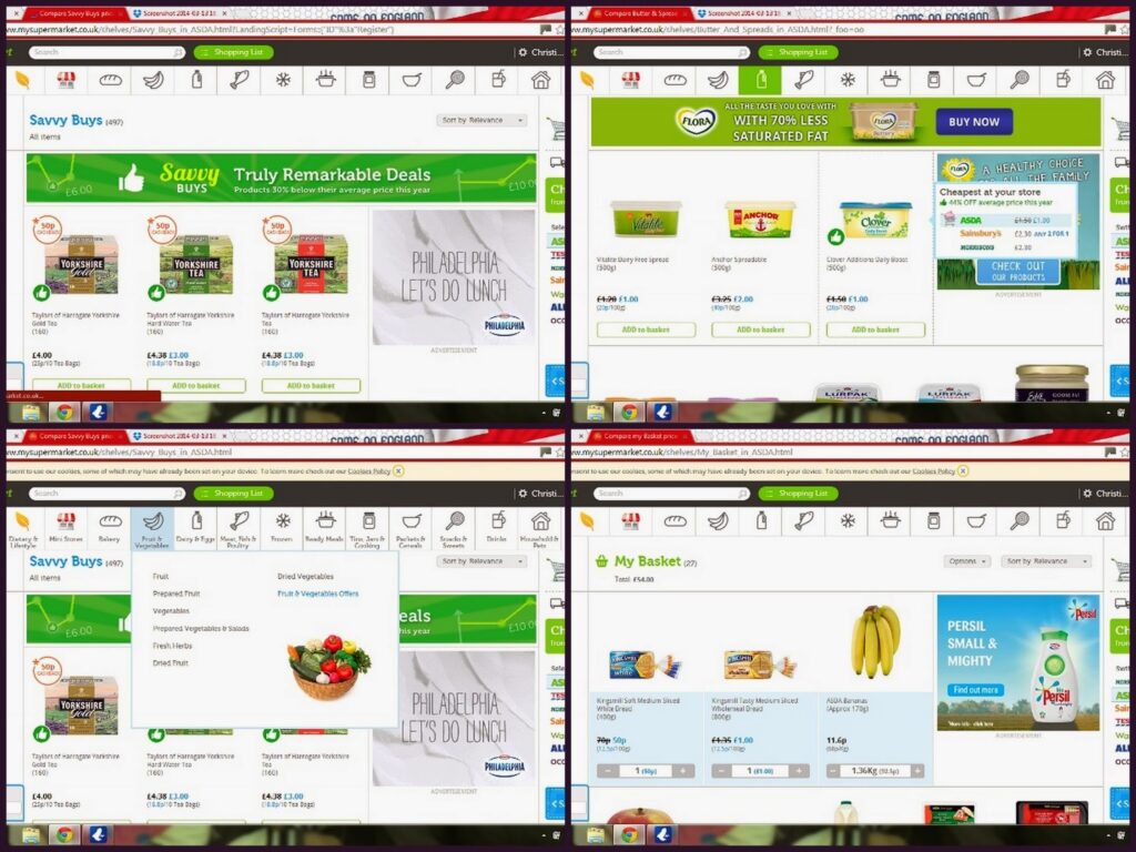Screenshot collage showing four different online grocery shop webpages. Each shows product listings, prices, and shopping basket summaries, featuring items like butter, fruit, and bananas. Various menus and navigation bars are visible across all screens.
