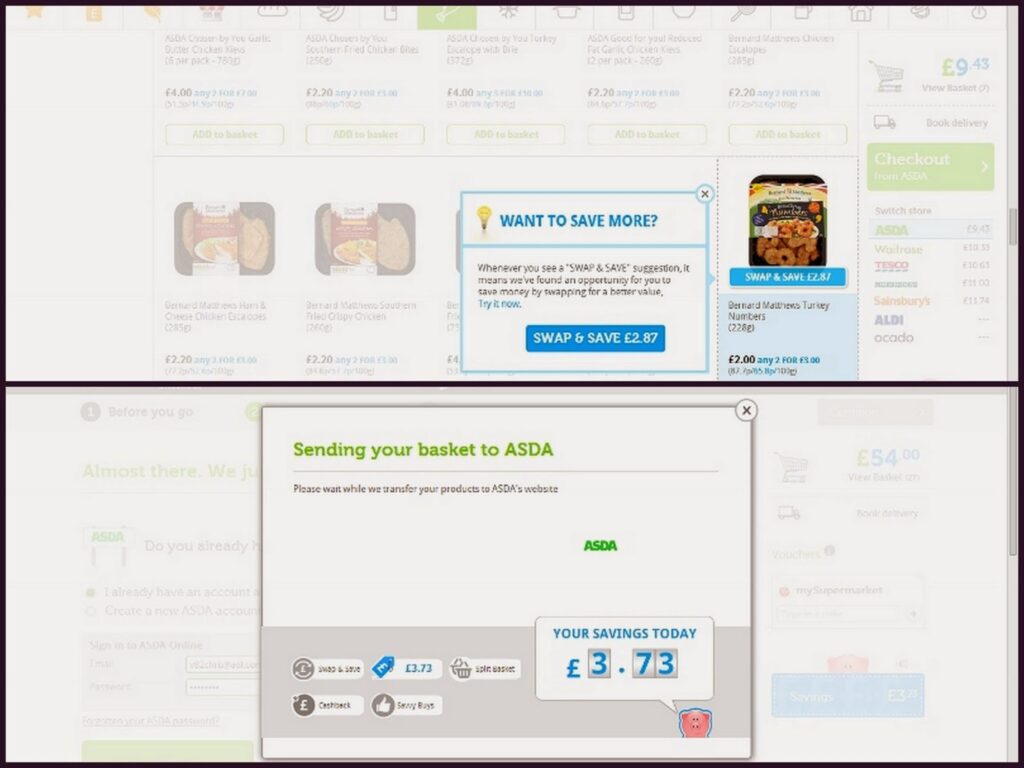 A screenshot of an online grocery shopping website shows a pop-up indicating the basket is being sent to ASDA, with savings of £3.73. Behind it, product suggestions and offers are visible, including a highlighted “Swap & Save” option and meal products.