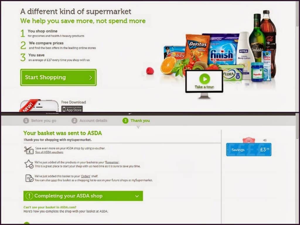Screenshot of an online supermarket’s website. The top shows a green button labelled “Start Shopping,” product images (fruit, snacks, cleaning supplies, drinks), and text about saving money. The bottom confirms a basket was sent, shows £5.37 in savings, and has a play button.