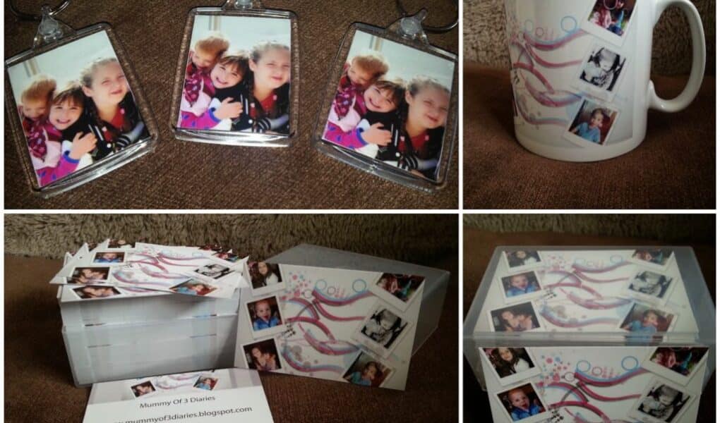 A collage of five images shows personalised photo gifts: three keyrings with a picture of a woman and two children, a white mug decorated with multiple small family photos, and a card box set featuring similar photo designs and a blog business card.