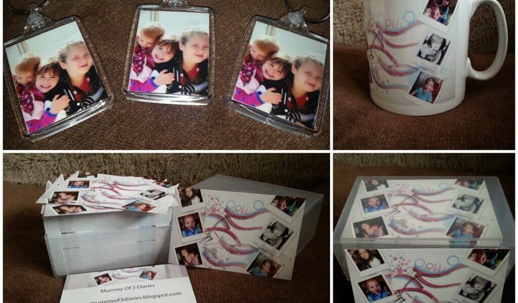 A collage of five images shows personalised photo gifts: three keyrings with a picture of a woman and two children, a white mug decorated with multiple small family photos, and a card box set featuring similar photo designs and a blog business card.