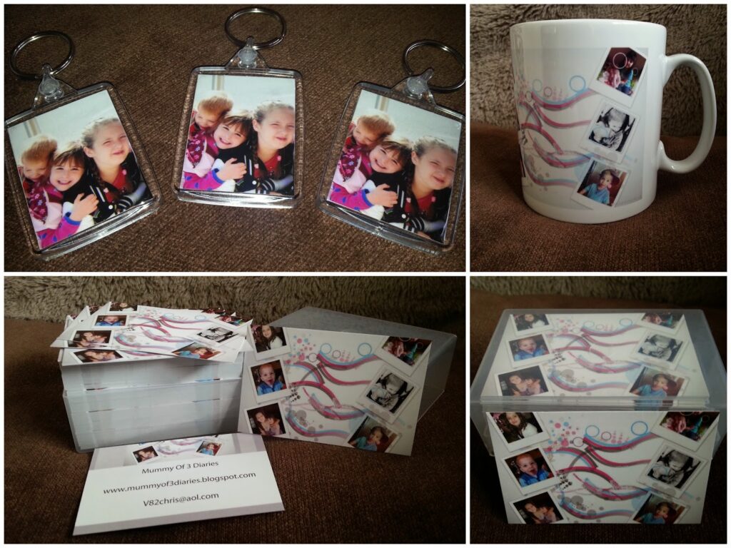 A collage shows personalised photo gifts: three keyrings, a mug, a stack of greeting cards, a card box, and a close-up of a card. All feature photos of a woman and two children, with some items decorated with swirls and small framed images.