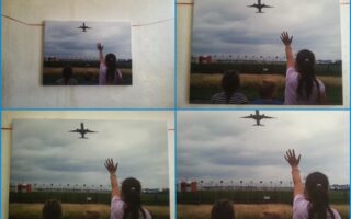 A collage of four photos shows two children from behind, sitting in a grassy field near an airport fence, watching an aeroplane fly overhead. In one image, an older child raises a hand towards the plane in the cloudy sky.