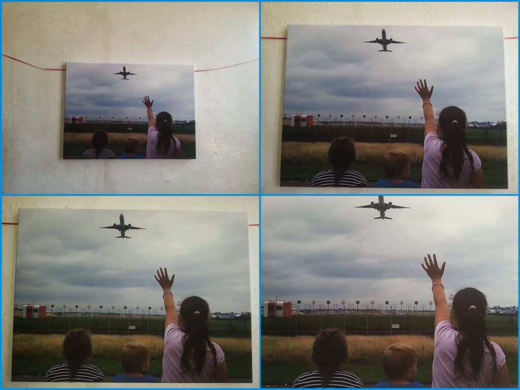 Four images show two children watching a plane fly overhead. In each, a girl raises her hand towards the plane while a boy sits beside her. The scene alternates between a wall-hung photo and a real outdoor view under a cloudy sky near an airport fence.