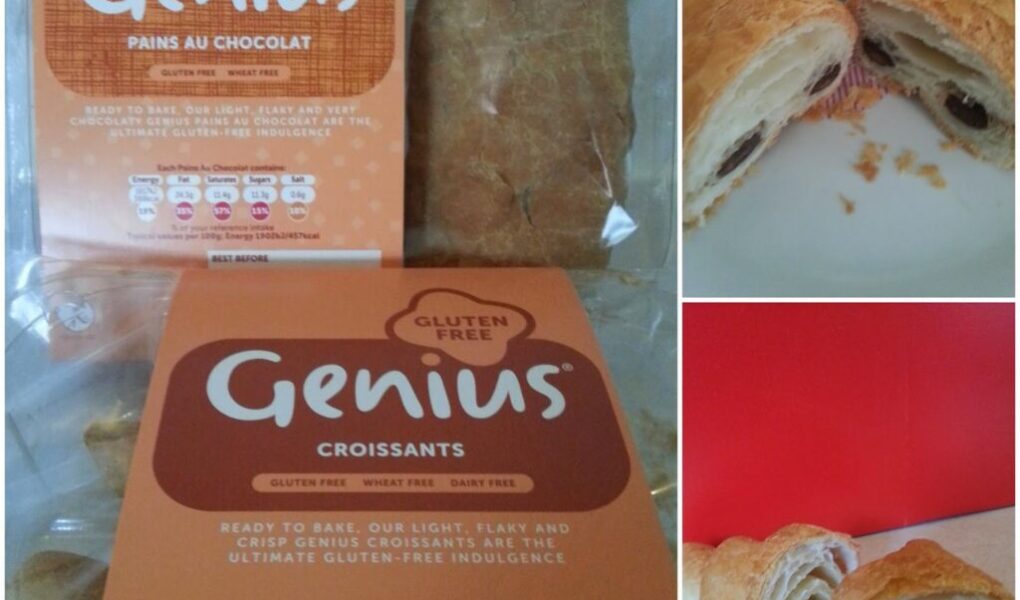 Gluten-free Genius brand croissants and pains au chocolat in packaging, with close-ups of the baked pastries on plates, showing their flaky layers and chocolate filling. Nutrition info and gluten-free labels are visible on the packaging.