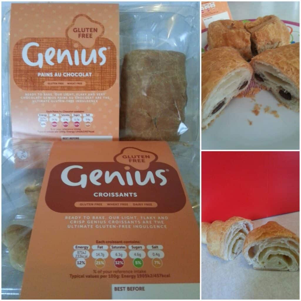 Collage showing Genius brand gluten-free pastries: the left side displays packaged pains au chocolat and croissants with nutrition info visible. The right side shows pastries unwrapped, sliced, and arranged on plates, revealing flaky, layered textures.