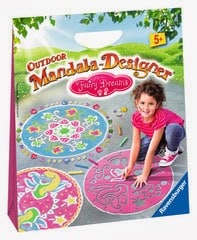 A young girl is drawing colourful mandalas with chalk on the pavement. The packaging reads "Outdoor Mandala-Designer Fairy Dreams" for ages 5+, and shows decorated mandalas, chalk, and a stencil, with a grassy area and blue sky in the background.