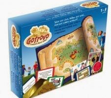 A colourful Gotrovo Treasure Hunt Game box shows a rolled treasure map with cartoon icons, gold coin tokens, clue cards, and illustrated instructions. Text on the box describes a scavenger hunt game for ages 3–8 with a pirate adventure theme.