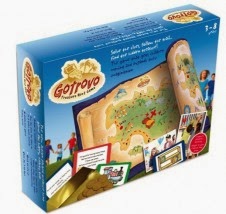 A colourful Gotrovo Treasure Hunt Game box shows a rolled treasure map with cartoon icons, gold coin tokens, clue cards, and illustrated instructions. Text on the box describes a scavenger hunt game for ages 3–8 with a pirate adventure theme.