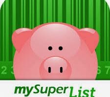 A pink piggy bank cartoon is centred on a green background with barcode lines. Below the pig, the text “mySuperList” appears in green and grey, with “mySuper” in green and “List” in bold.