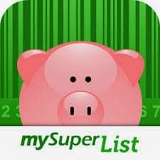 A pink piggy bank cartoon is centred on a green background with barcode lines. Below the pig, the text “mySuperList” appears in green and grey, with “mySuper” in green and “List” in bold.