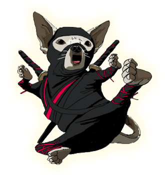 A small chihuahua dressed in a black ninja outfit leaps in mid-air with two swords strapped to its back. Its mouth is open as if barking, and its paws are raised in an action pose. The costume has red accents and wraps round its legs.
