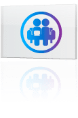 Blue and purple icon of two abstract human figures, both holding briefcases, inside a blue circle. The image has a subtle reflection effect below and is set against a light grey background.