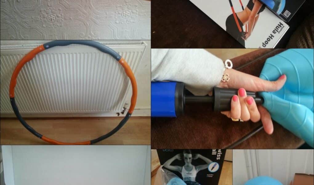 A collage shows assembly of workout equipment: a hula hoop in orange and grey, a gym ball being inflated, its blue packaging, instruction manual, unassembled hoop pieces, and final assembled items on a brown sofa and wooden floor.