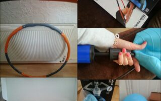 A collage shows assembly of workout equipment: a hula hoop in orange and grey, a gym ball being inflated, its blue packaging, instruction manual, unassembled hoop pieces, and final assembled items on a brown sofa and wooden floor.