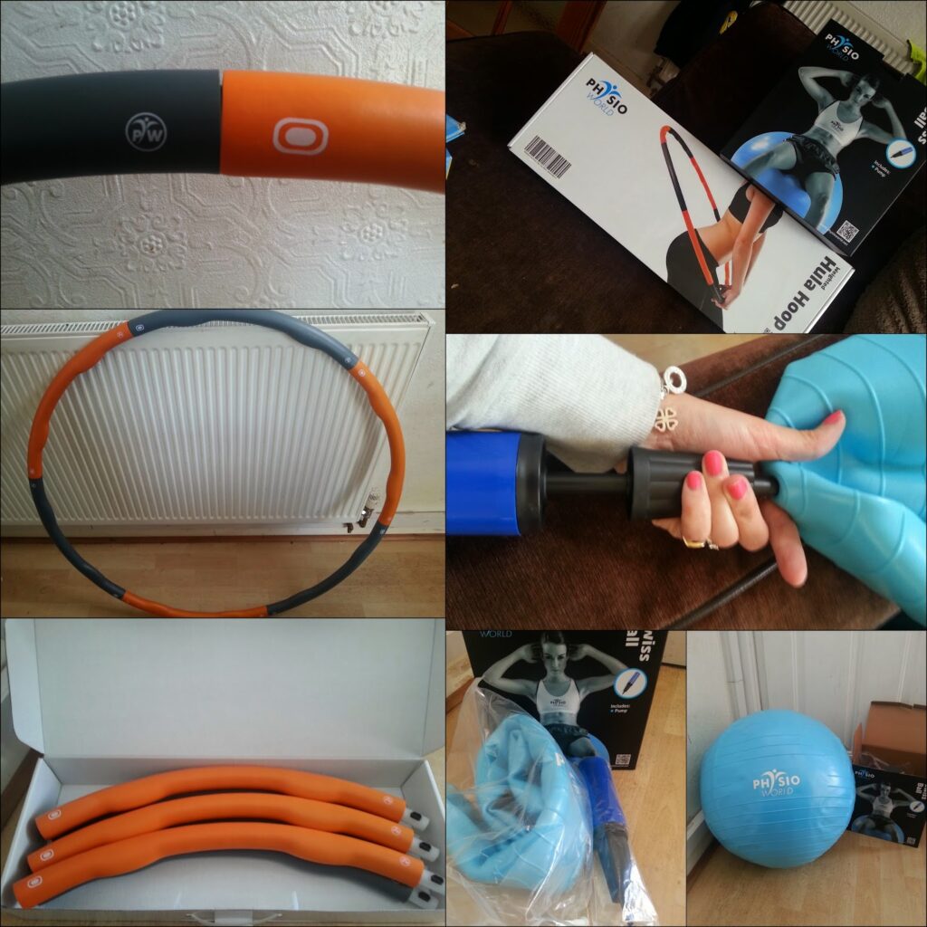 A collage shows assembly of an orange and grey exercise hoop and a blue gym ball. Steps include unpacked segments, a partially assembled hoop, inflating the ball, and final products near instructions and boxes, with a woman’s hand holding the air pump.