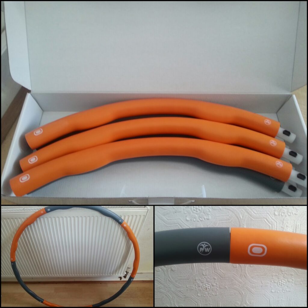 A collage shows an orange and grey foam-covered hula hoop in four pieces in a box (top), the assembled hoop leaning against a white radiator (bottom left), and a close-up of the interlocking mechanism and logo on the hoop (bottom right).
