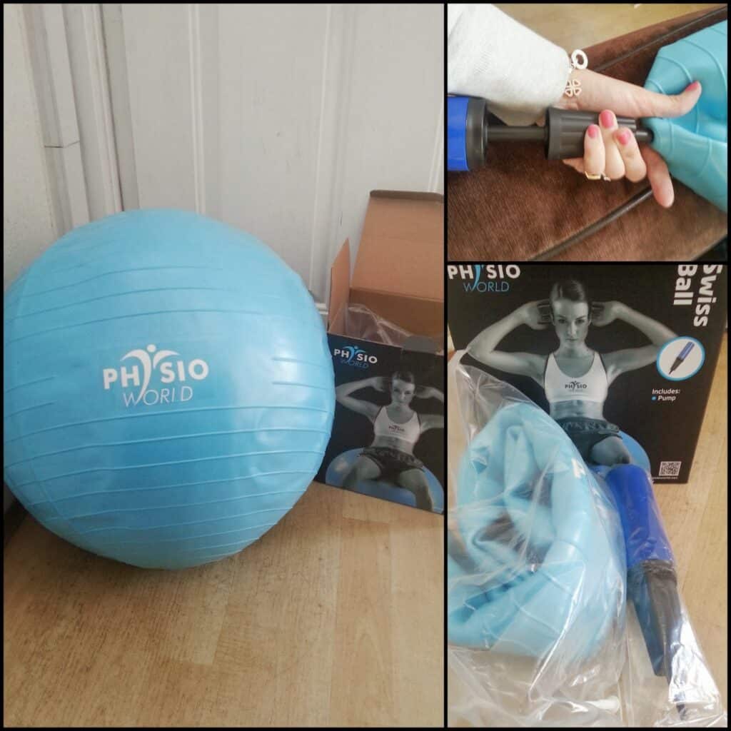 A blue Physio World exercise ball sits inflated next to its box and instruction manual. Nearby, the deflated ball, pump, and accessories are shown. An inset image displays a hand gripping the pump whilst inflating the ball.